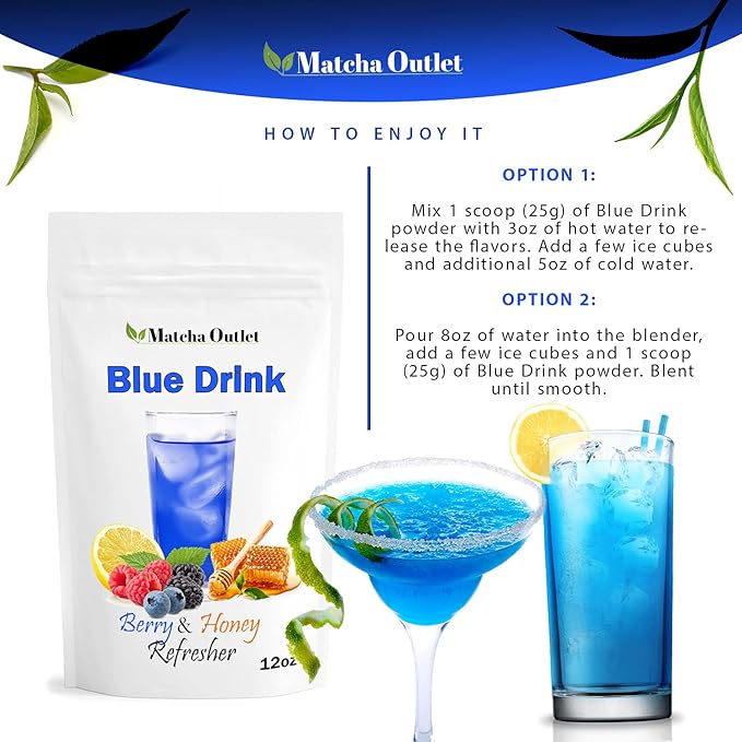 Blue Drink Spirulina Powder, Berry & Honey Refresher 12oz Blue Drink Mix Natural Food Colorant Perfect for Ice Mix Yogurts Baked Treats Loaded Tea Bubble Tea