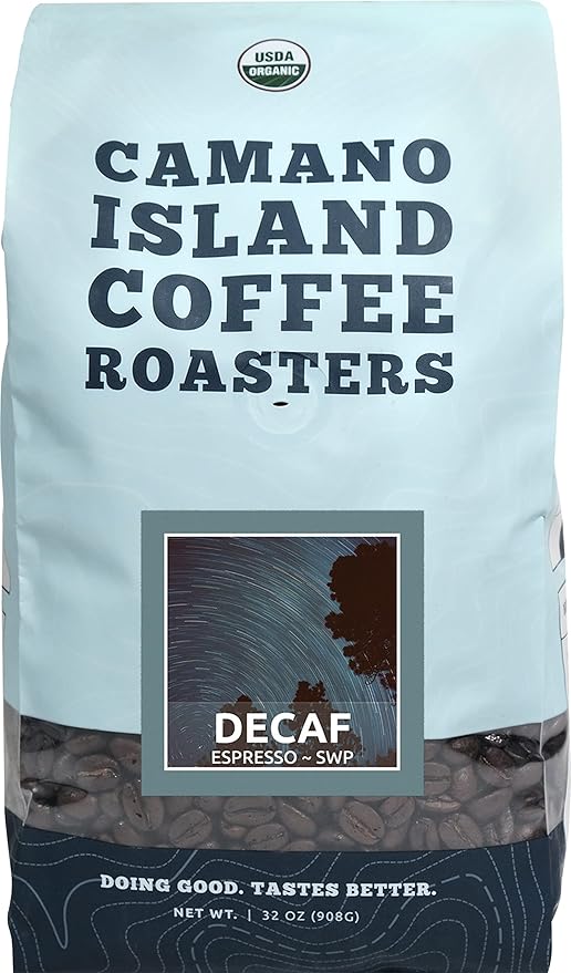 Camano Island Coffee Roasters Decaf Espresso Blend, Ground 2lb, Fresh Dark Roast Swiss Water Processed, USDA Organic, Fairly Traded, Shade Grown Top 1% Arabica, Sweet Molasses, Mixed Berry Flavor