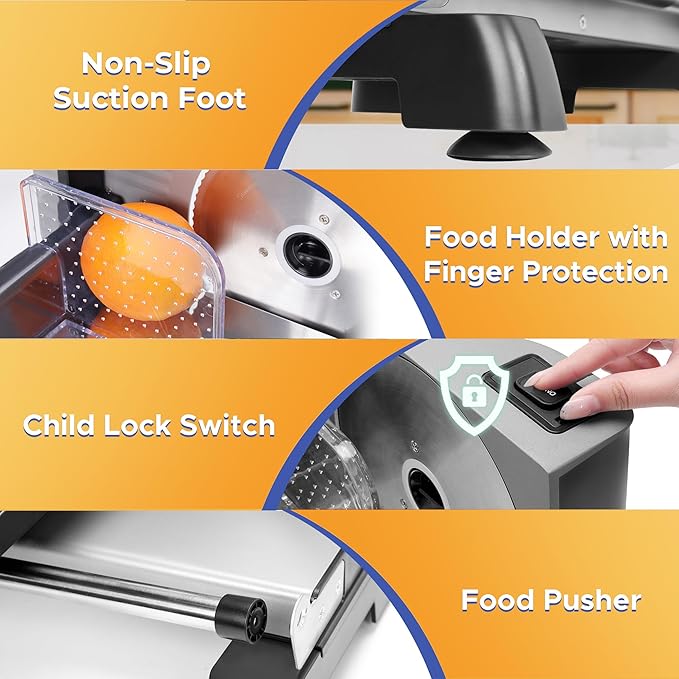 Meat Slicer 200W for Home Use, 2 Removable 7.5" Stainless Steel Blades, Electric Food Slicer with 0-18mm Adjustable Thickness, Child Lock, 1 Tray, and 1 Towel