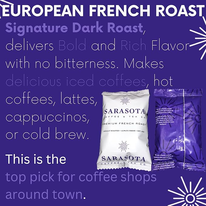 Sarasota Coffee Ground Packets | Low Acid Dark Roast Ground Coffee Packs | European French Roast | Mold Free and Individual Packets for 12 Cups | 1.75 Ounce Bags, 100 Count