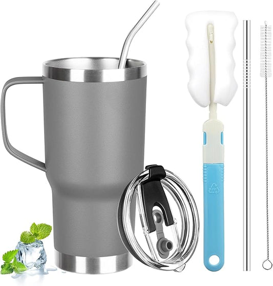 20 oz Tumbler with Handle, Stainless Steel Insulated Tumbler with Lid and Straw, Double Wall Vacuum Coffee Mug Tumbler, Insulated Coffee Thermal Cup for Cold and Hot (Grey, 20 Ounces)