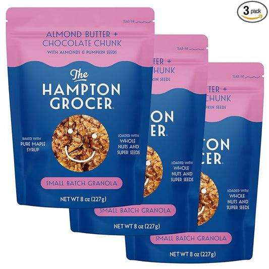The Hampton Grocer Almond Butter & Chocolate Chunk Granola, 3 pack - Gluten-Free, Dairy-Free, Organic Oats & Pumpkin Seeds, Sweetened with Maple Syrup - Low Sugar, Crunchy, Small-Batch, 8oz