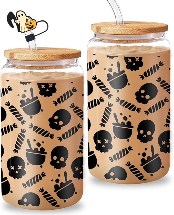 Skull Shaped Tumbler - 16oz Black Gothic Glass with Lid and Straw, Dark Aesthetic Iced Coffee Cup, Birthday and Gothic Horror Theme Gift