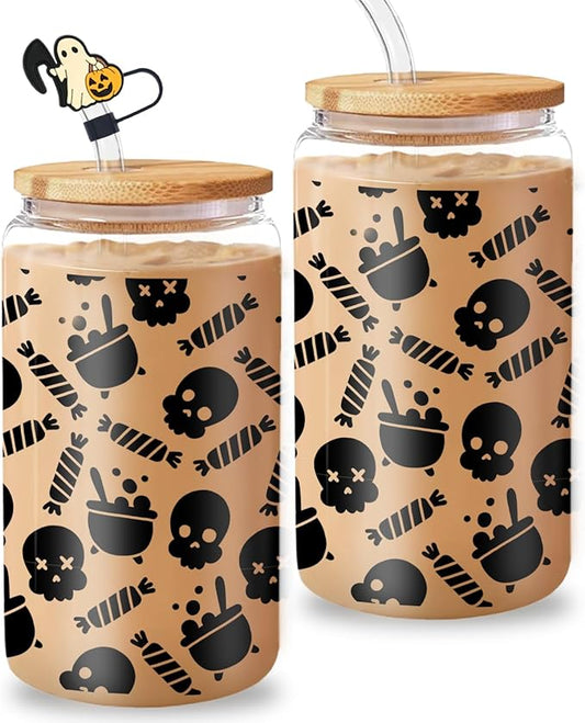 Skull Shaped Tumbler - 16oz Black Gothic Glass with Lid and Straw, Dark Aesthetic Iced Coffee Cup, Birthday and Gothic Horror Theme Gift