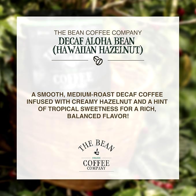The Bean Organic Coffee Company Water Processed DECAF Aloha Bean (Hawaiian Hazelnut), Medium Roast, Ground Coffee, 16-Ounce Bag, Café Molido Tostado Orgánico descafeinado
