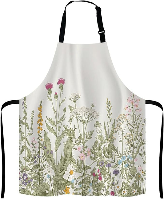 Herbs and Wild Flowers Bib Apron with Adjustable Neck for Men Women,Suitable for Home Kitchen Cooking Waitress Chef Grill Bistro Baking BBQ Cobbler Apron