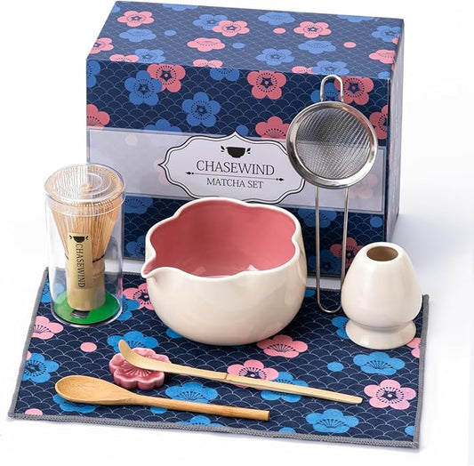 Matcha Whisk Set, 8Pcs Floral Ceramic Matcha Set with Matcha Whisk, Holder, Scoop, Scoop Rest, Sifter, Spoon and Tea Towel - Thoughtful Matcha Whisk Gift for Matcha Lovers (Beige & Pink)