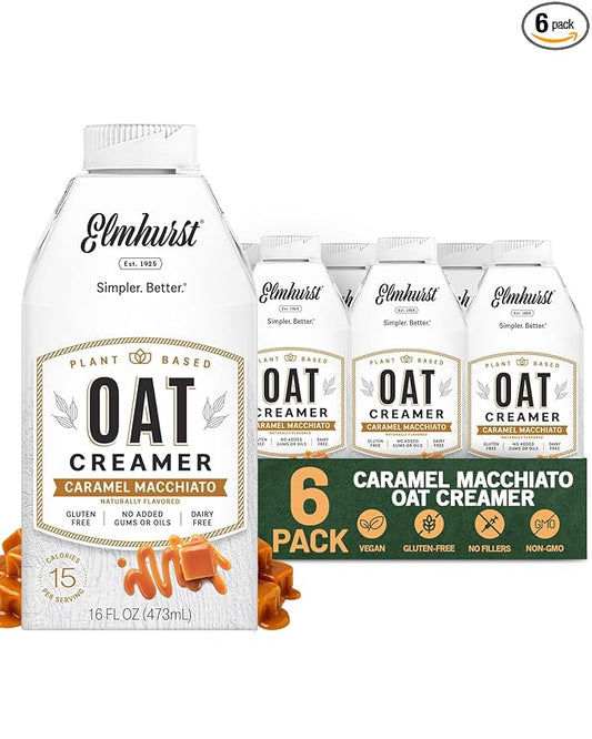 Elmhurst 1925 Caramel Macchiato Oat Creamer - 16 Ounce (Pack of 6) Dairy-Free, Vegan, Kosher, Low Sugar, Shelf Stable Creamer Made with Oat Grains & Caramel for Simpler Plant Based Alternatives