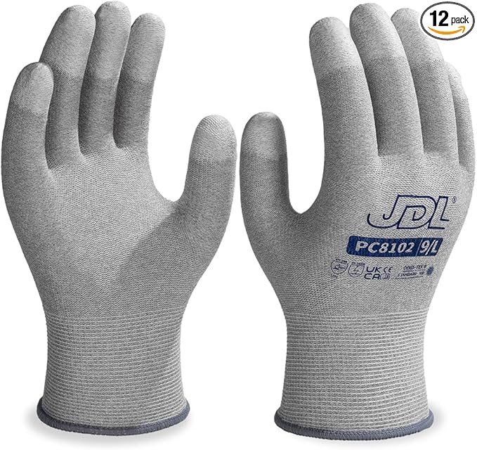 JDL ESD Work Gloves, Anti-Static Gloves for PC Building, 12 pairs, Computer Installation & Repair, High Resistance Carbon Fiber Gloves, X-Large