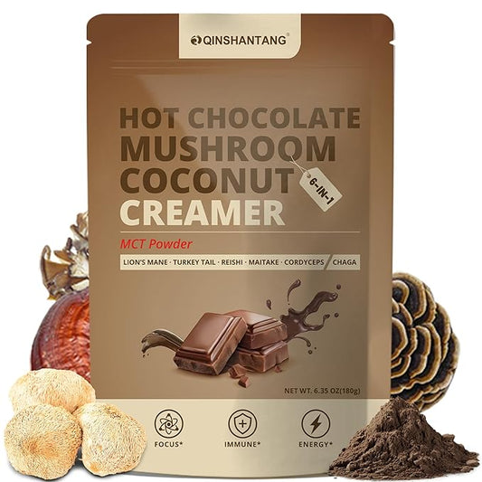 Mushroom Coffee Creamer, Chocolate Flavored Coconut Creamer with Cacao Powder, MCT and 6 Adaptogens (Lion's Mane, Chaga, Reishi) for Focus, Immunity – Sugar & Caffeine Free, Vegan, Gluten-Free, 6.35 Oz