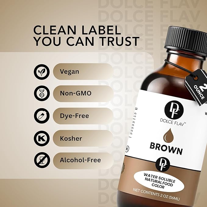 Dolce Flav Natural Brown Food Coloring – 2 oz Liquid Color from Class IV Caramel with Graduated Dropper | Water-Soluble | For Baking, Beverages & Sauces | Kosher | Made in USA
