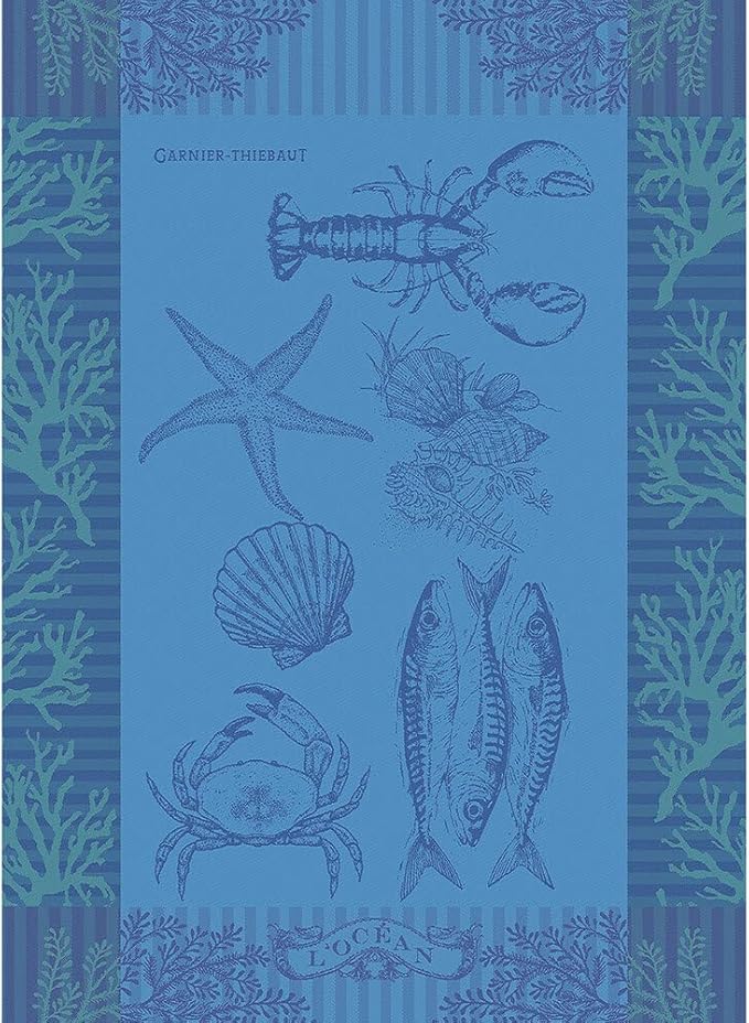 Garnier Thiebaut L'Ocean Bleu (The Blue Ocean) French Kitchen Towel 22"x30", Cotton, Jacquard