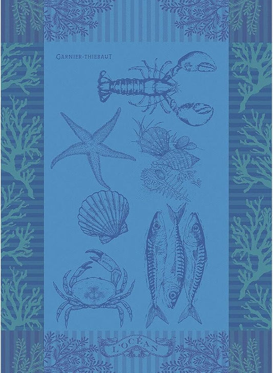 Garnier Thiebaut L'Ocean Bleu (The Blue Ocean) French Kitchen Towel 22"x30", Cotton, Jacquard