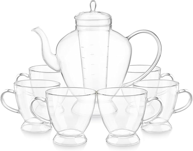 Teabloom Grand Bouquet Borosilicate Glass Tea Set for Six – Elegant 50oz Teapot with Microdot Infuser & Six 8oz Teacups – A Pure & Immersive Tea Experience – Tea Purist's Choice