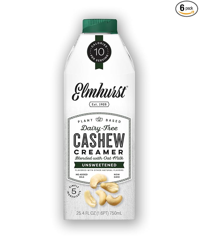 Elmhurst 1925 Unsweetened Cashew Creamer - Dairy-Free, Vegan, Kosher, No Sugar, Shelf Stable Creamer Made with Cashew & Oat Milk for Healthier Coffee, Latte and Smoothies - 25.4 Ounce (Pack of 6)
