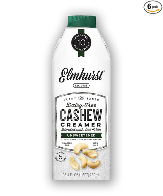 Elmhurst 1925 Unsweetened Cashew Creamer - Dairy-Free, Vegan, Kosher, No Sugar, Shelf Stable Creamer Made with Cashew & Oat Milk for Healthier Coffee, Latte and Smoothies - 25.4 Ounce (Pack of 6)