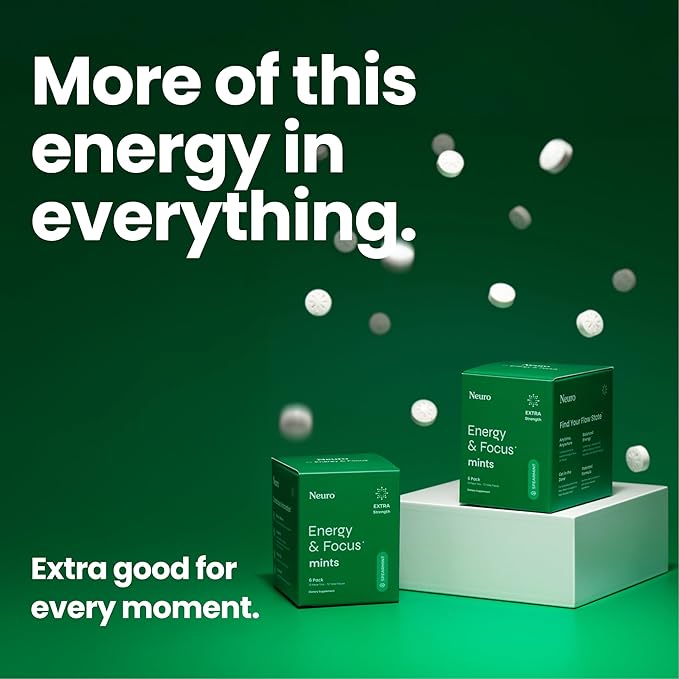 Neuro Energy & Focus Mints, Extra Strength - Sugar Free Breath Mints with 100mg Natural Caffeine, B Vitamins & L-Theanine - Vegan Brain Supplement for Exercise, Study & Daily Focus - Spearmint, 72 ct