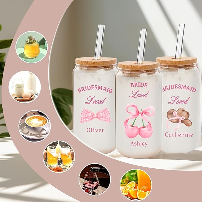 Personalized Tumbler with Cherries Bows-Can Shaped Glass with Lids and Straws-18OZ Iced Coffee Cups with Lids, Cherry Decor Cute Glass Cups, Mothers Day Bridesmaid Gifts for Women (Bow-text)