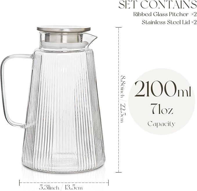 [2 Pack] Ribbed Glass Pitcher Set – 71oz Heat-Resistant Beverage Jugs with Lid for Water, Iced Tea, Juice, Coffee – Large Borosilicate Carafes for Hot & Cold Drinks, Elegant Serving Pitchers