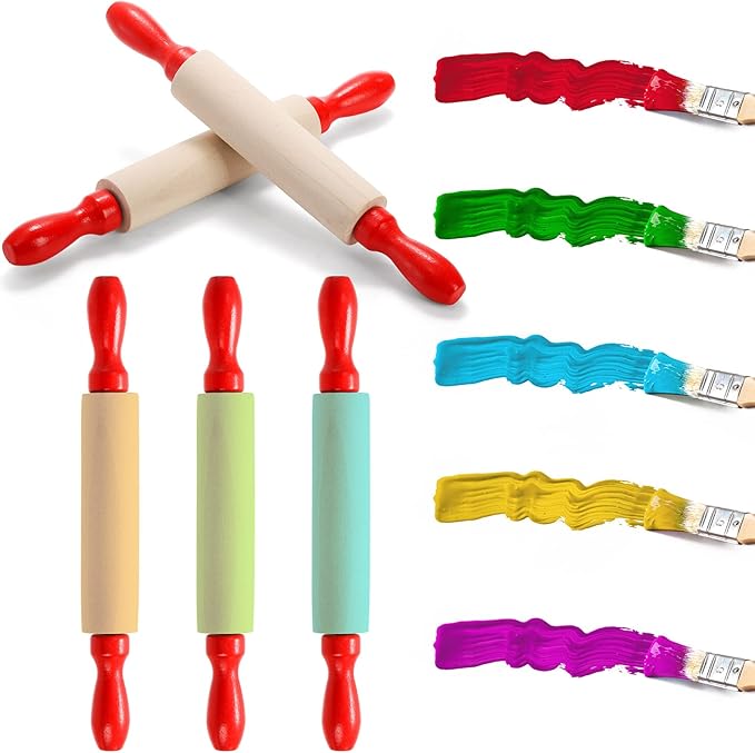 SOUJOY Set of 12 Mini Rolling Pin, 8 Inch Wood Dough Roller for Baking with Red Handle, Small Clay Rolling Pin for Craft Fondant Pastry Pizza Crafting and Imaginative Play