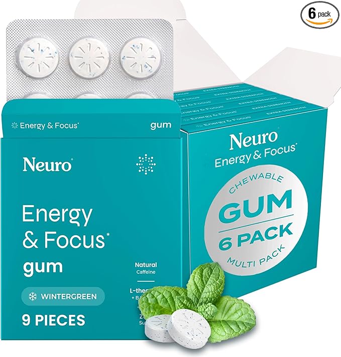 Neuro Energy & Focus Gum - 40mg Natural Caffeine Gum & Nootropic Energy Supplement with L-Theanine & B Vitamins - Sugar Free, Vegan - Wintergreen, 54ct