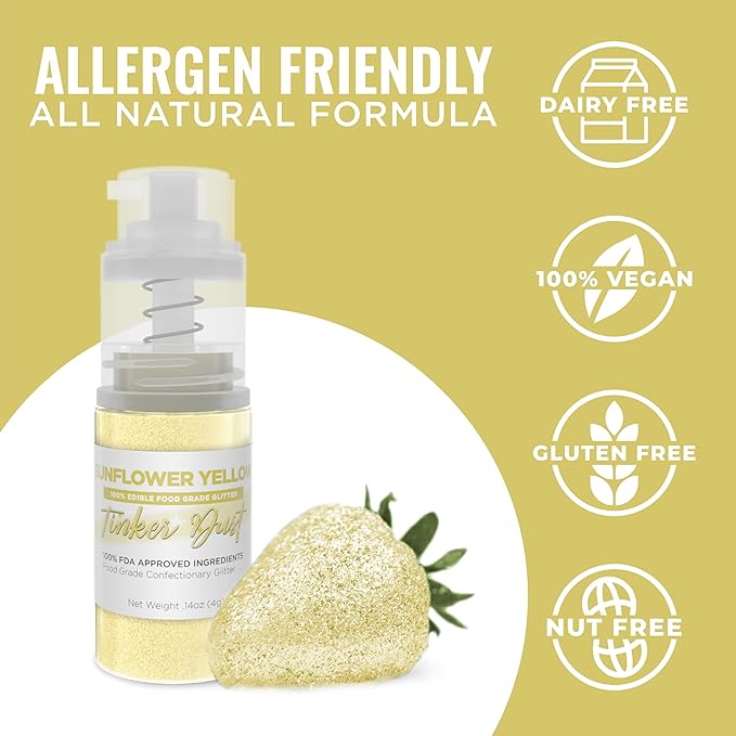 Bakell - Sunflower Yellow Tinker Dust (4g, 1x Mini Spray Pump) Edible Glitter for Food, Desserts, and Beverages!