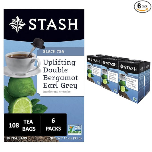 Stash Tea Double Bergamot Earl Grey Black Tea - Caffeinated, Non-GMO Project Verified Premium Tea with No Artificial Ingredients, 18 Count (Pack of 6) - 108 Bags Total