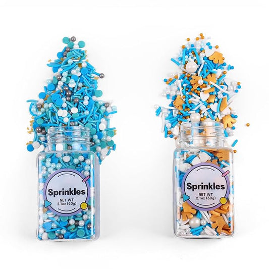 Edible Blue Sprinkles Mix, Blue Confetti Jimmy Sprinkles, Gold Sanding Sugar, Pearl Sprinkles, Gold Crown Sprinkles for Cake Decorating, Cupcakes, Cookies, and Ice Cream Toppings. (120g/4.2oz)