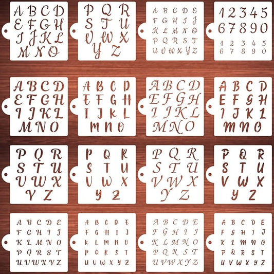 Alphabet Letter Stencils for Cookies Decorating - 16 Pack Letters Numbers Stencil Templates for Cakes Coffee Baking, Reusable Cursive Cookie Stencils for Wood Crafts Painting & Cake Coffee Airbrushing
