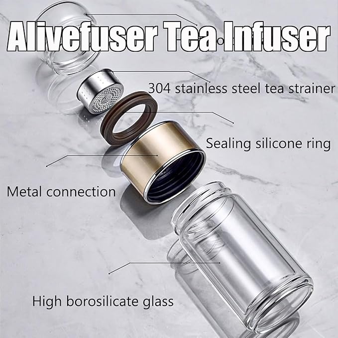 Tryteava Glass Infuser, Tryteava 3-in-1 Smart Tea Infuser, Portable Glass Double Wall Tea Infusers Bottle, with Stainless Steel Filter, Hot & Cold Brew, For Loose Leaf, Office Home (Gold, 280ml)