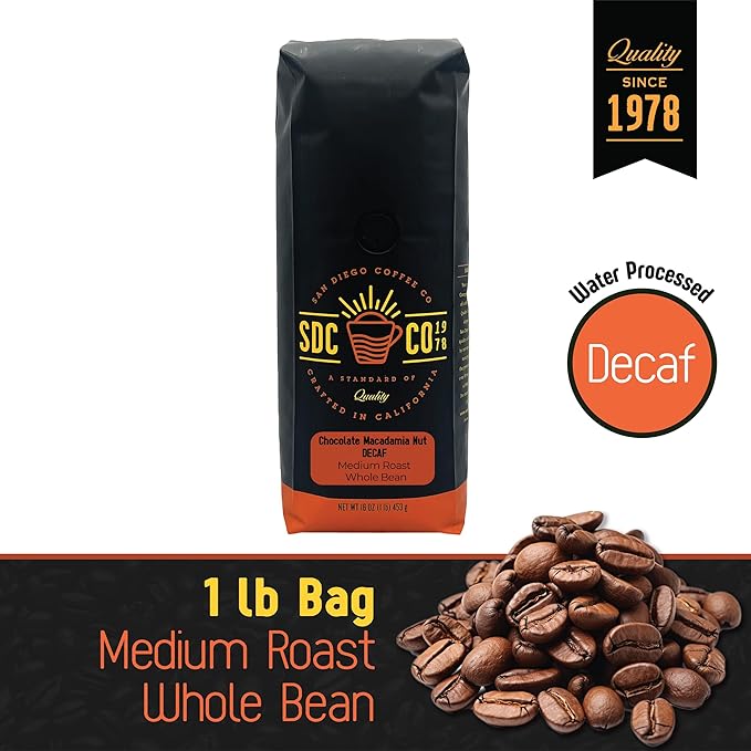 San Diego Coffee Chocolate Macadamia Nut DECAF, Medium Roast, Whole Bean Coffee, 16-Ounce Bag Café en grano tostado descafeinado
