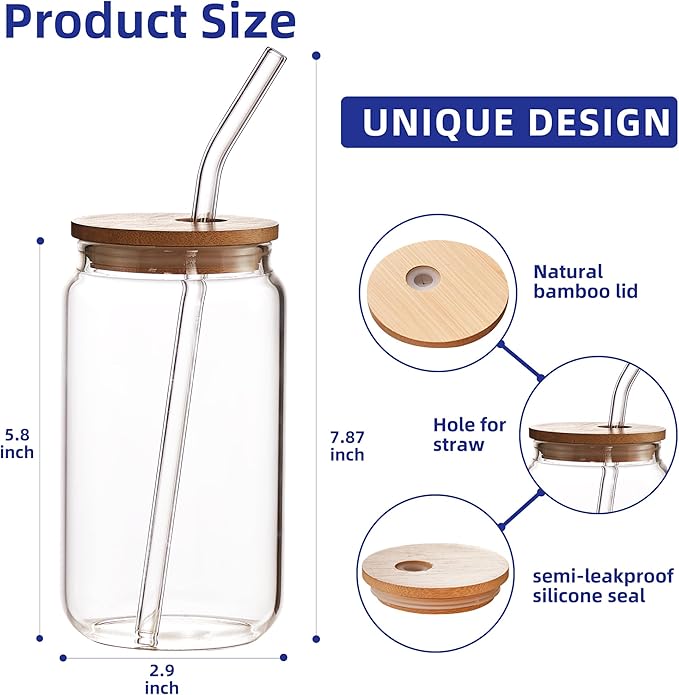 6pcs Set-16oz, Glass Cups with Bamboo Lids and Glass Straw - Beer Can Shaped,CuteTumbler Cup,Soda,deal for Cocktail,Iced Coffee Cups,6 Cleaning Brushes glass cups with lids and straws