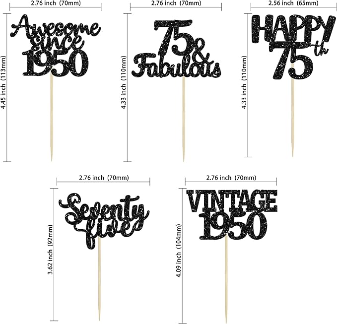 Gyufise 30 Pack black Glitter 75th Birthday Cupcake Toppers Vintage 1950 Cake Toppers Hello 75 Cake Topper Sixty Five 75 & Fabulous Cupcake Picks 75th Birthday Cake Decorations Supplies
