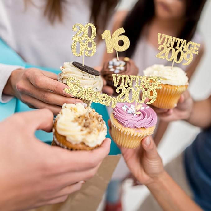 Gyufise 24Pcs Sweet 16 Cupcake Toppers Glitter Sixteen Vintage 2009 16th Birthday Cupcake Picks Hello 16 Years Birthday Cake Decorations for Happy 16th Anniversary Party Supplies Gold