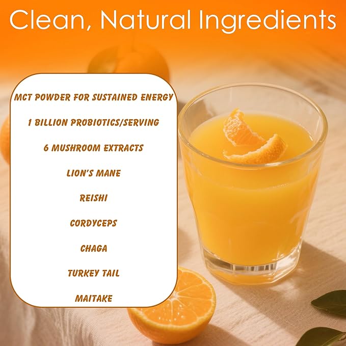 Mushroom Coffee Creamer, Orange Flavored, Probiotics, MCT Powder and 6 Mushrooms | Lion's Mane, Turkey Tail, Reishi, Maitake, Chaga, Cordyceps | Boosts Energy, Focus, Supports Immunity | Gluten-Free, Vegan, 6.35 Oz
