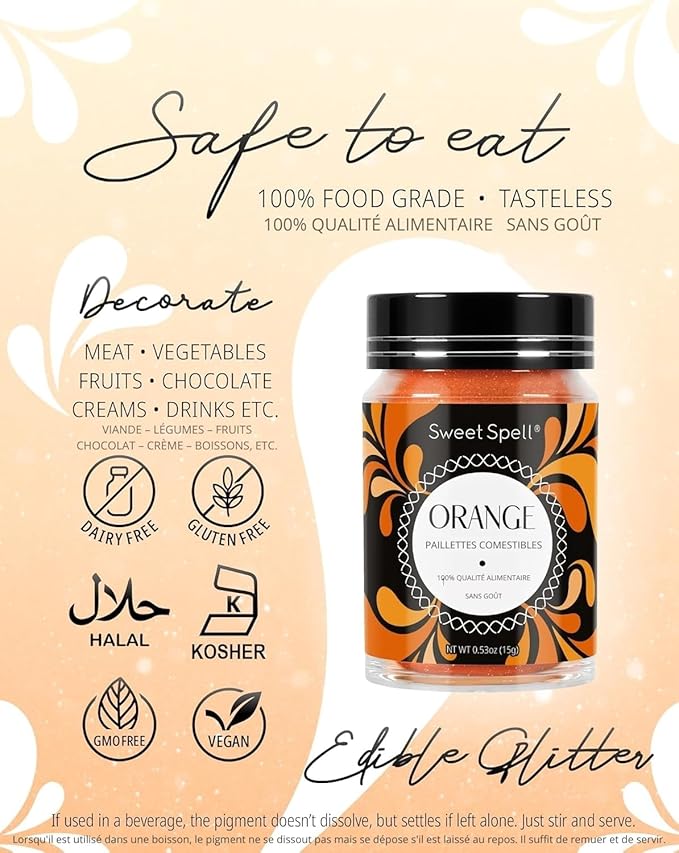 Sweet Spell Edible Glitter (15g) - Shimmer Sparkles for Drinks, Cakes, Cocktails - 100% Edible & Food Grade Glitter, Vegan, Gluten-Free (Orange)
