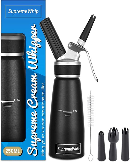 Pro Cream Dispenser, Durable High-Grip, Metal Lid with Rubber, 3 Nozzles, for Hot/Cold Use, Cleaning Brush Included, Black - 250ml/1 Pint