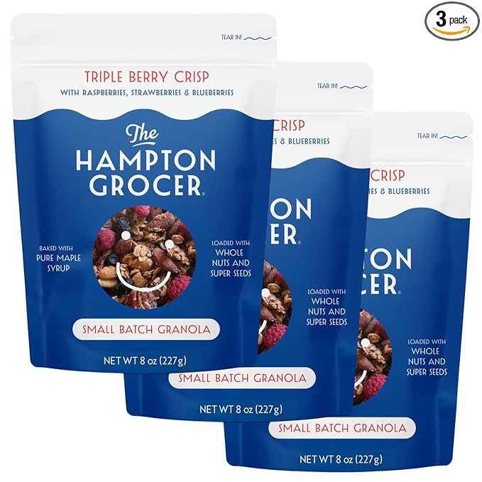 The Hampton Grocer Triple Berry Crisp Granola, 3 pack - Gluten-Free, Organic Oats, Almonds, Cashews & Pecans, Sweetened with Maple Syrup - Crunchy, Small-Batch, 8oz