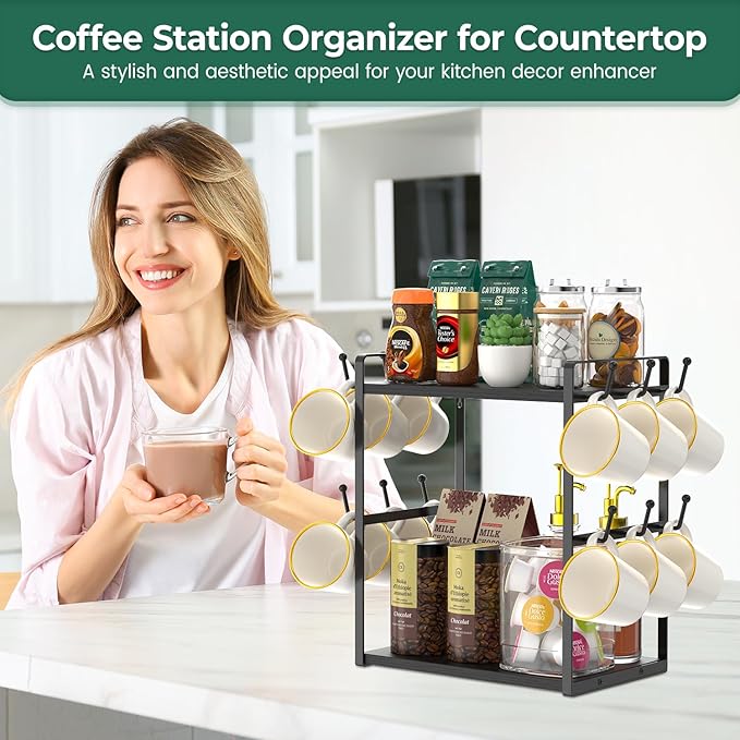 EsLuker.ly 2 Tier Coffee Mug Holder Station Bar Organizer Countertop, Mug Cup Tree Rack for Kitchen Office, Storage Shelf with 12 Hooks, Creat Stylish Coffee Corner, Black