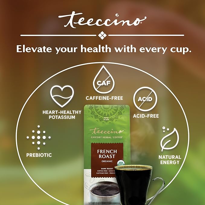 Teeccino French Roast Chicory Coffee Alternative - Ground Herbal Coffee That’s Prebiotic, Caffeine-Free & Acid Free, Dark Roast, 11 Ounce (Pack of 6)