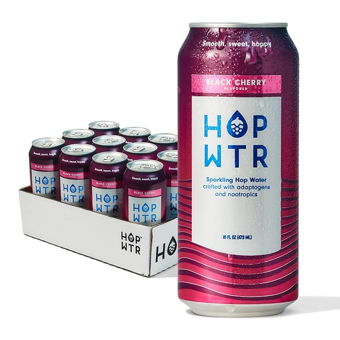 HOP WTR Sparkling Hop Water, Black Cherry 12 Pack, Sugar Free, Low Carb Non Alcoholic Drinks, NA Beer, Adaptogen Drink, No Calories, Adaptogens & Nootropics for Added Benefits, 16 oz Cans
