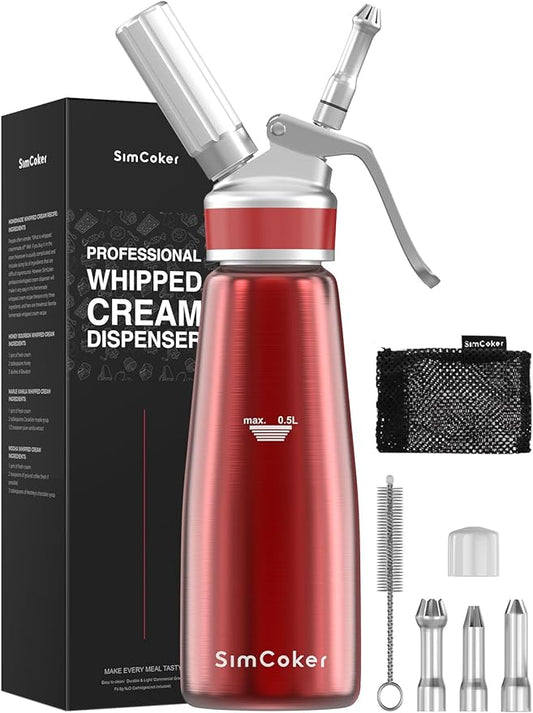 Whipped Cream Dispenser,Aluminum Cream Whipper 500mL/1 Pint,3 Decorating Nozzles,1 Brush, 1 Storage Bag,Homemade Whipped Cream Maker,Red
