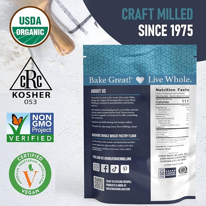 Great River Milling Organic Whole Wheat Pastry Flour | Soft Texture, Lower Gluten | USDA Organic, Non-GMO, Kosher | Ideal for Muffins, Cookies, Cakes & More | 5 Lb
