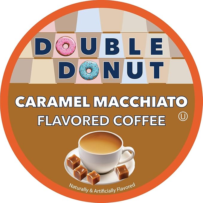 Double Donut Coffee Flavored Coffee Pods, Caramel Macchiato Coffee for Keurig K Cups Machines, Medium Roast in Recyclable Pods, 24 Count