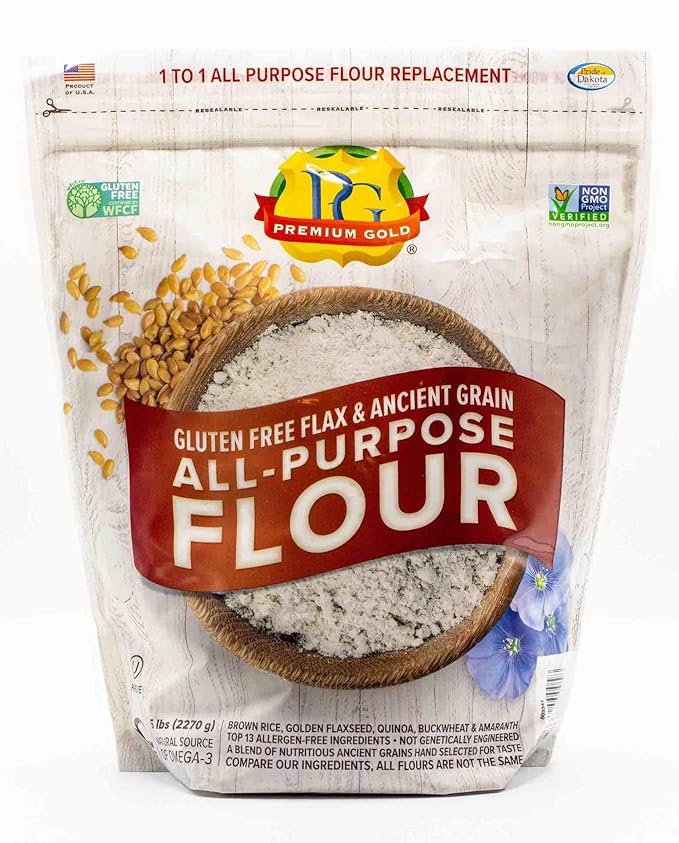Premium Gold Gluten Free All Purpose Flour, 5 Pound, Gluten-Free, Non-GMO, Kosher, High In Fiber, Source of Omega-3, Plant-Based Protein, No Preservatives, No Additives, Ideal for Beverages, Baking &