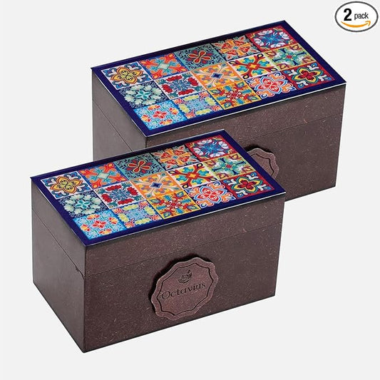 Octavius Assorted Tea Gift Set | 6 Assorted Black & Green Teas | 30 Teabags | Wooden Tea Sampler Pack w/Tile Motif Design | Pack of 2 | Mothers Day Tea Gift Box