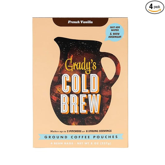 GRADY’S COLD BREW, French Vanilla, 100% Arabica Ground Coffee & Chicory Pouches, ONE Box with 4 Easy-to-Brew Bean Bags, Makes 12 drinks