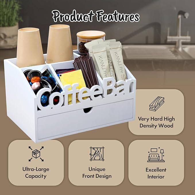 Coffee Bar Organizer for Countertop – Wooden Coffee Station with Black Drawer, Tea and K Cup Storage Rack, Coffee Pod Holder for Home and Office Counter Organization (Drawer - White)