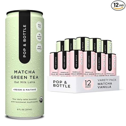Pop & Bottle, Vanilla and Matcha Oat Milk Lattes - Reishi and Maitake Mushrooms, Green Tea, Cold Brew, Marine Collagen, MCT Oil, Organic, Dairy & Gluten Free, Vegan - 8 Fl Oz, (Pack of 12), 6 Each
