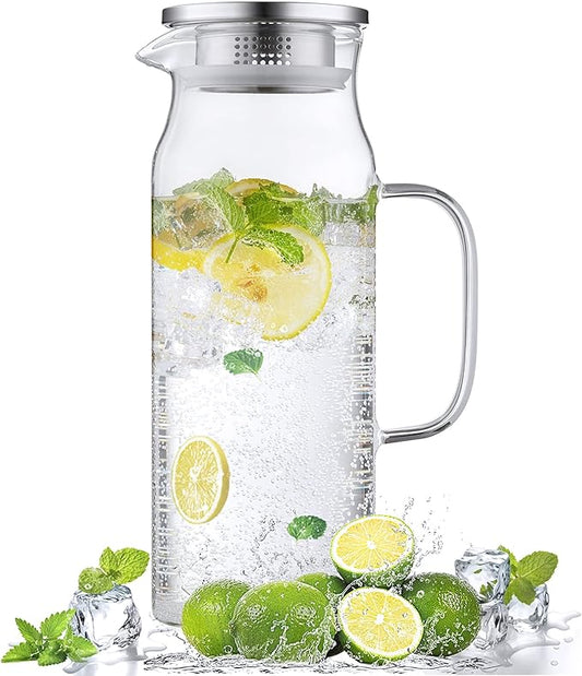 1.6 Liter 54 oz Glass Pitcher with Lid and Spout, Bivvclaz Glass Carafe Water Pitcher for Hot/Cold Water, Iced Tea, Drinks, Coffee, Juice and Homemade Beverage